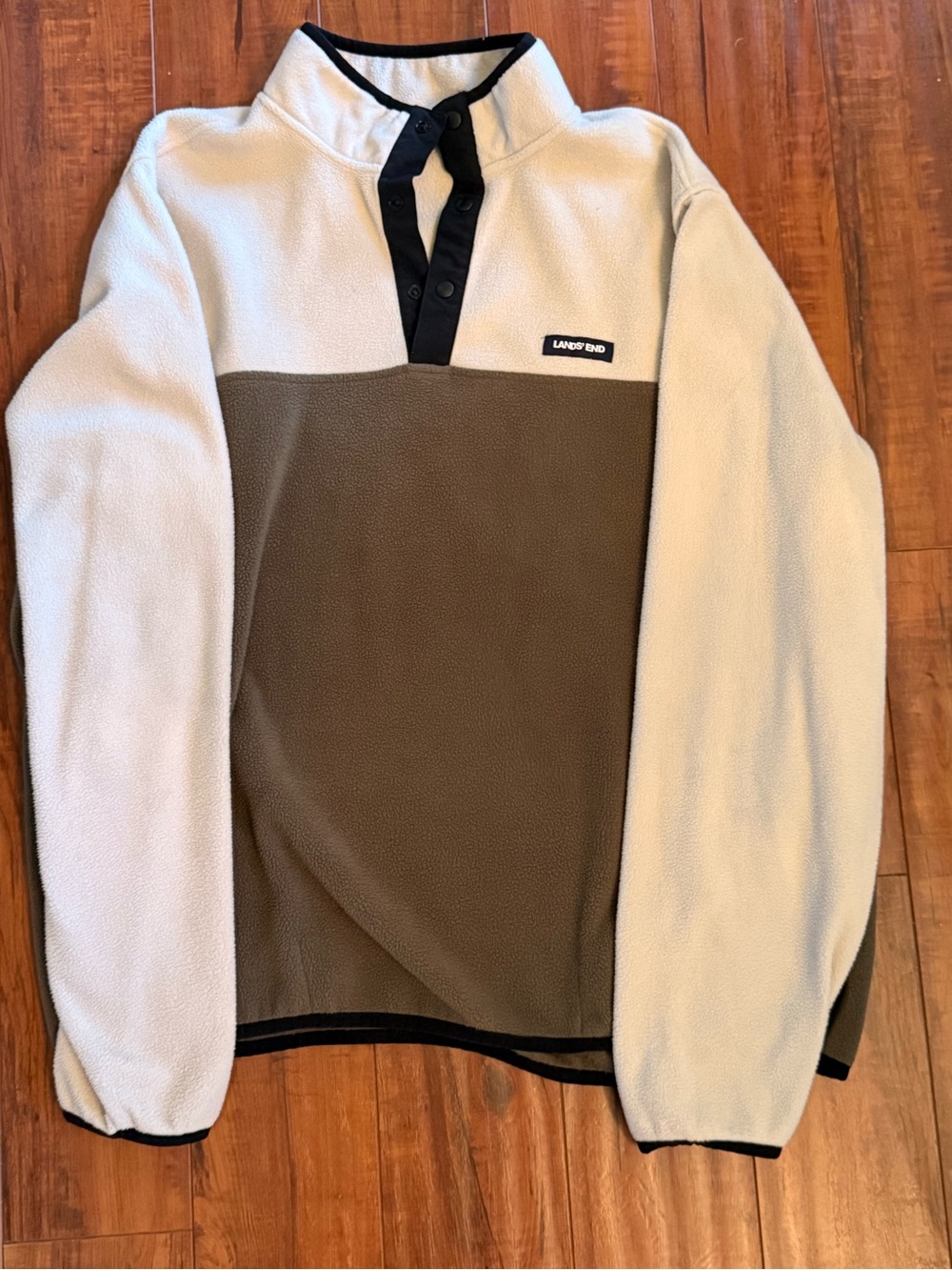 Lands' End Men’s Two-Tone Zip Fleece - Cream & Brown with Black Trim